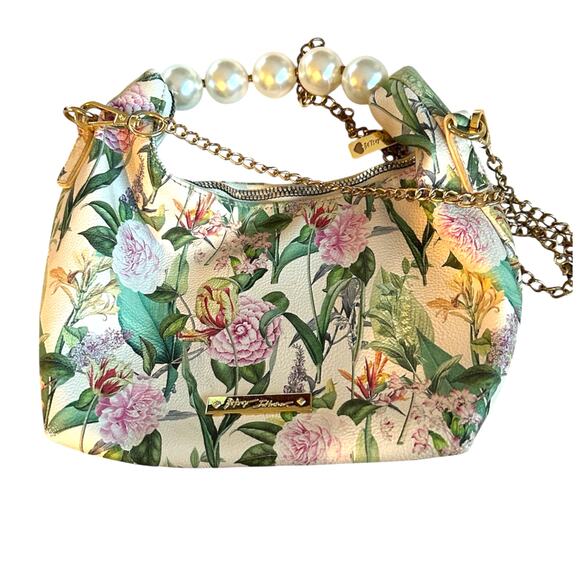 Betsey Johnson Cindy pearl handle floral handbag purse w removable chain strap - Picture 1 of 11